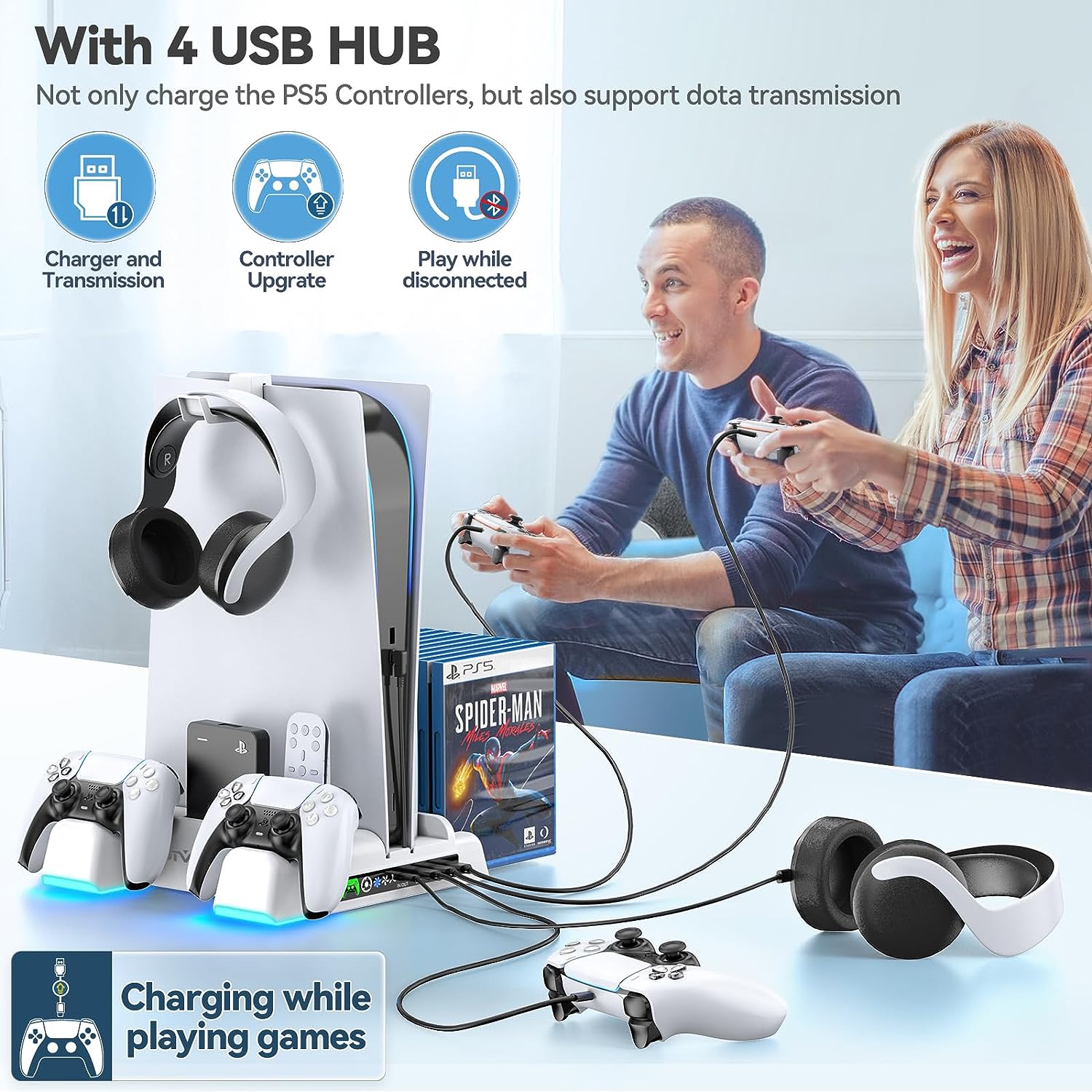 Stand racire vertical pentru PlayStation 5, cu functie statie de incarcare pentru controler PS5, cu lumini LED RGB, Hub USB, suport casti, sloturi pentru jocuri, OIVO