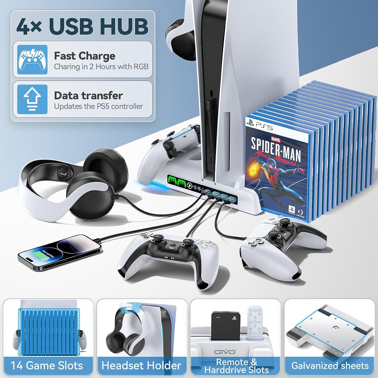 Stand racire vertical pentru PlayStation 5, cu functie statie de incarcare pentru controler PS5, cu lumini LED RGB, Hub USB, suport casti, sloturi pentru jocuri, OIVO