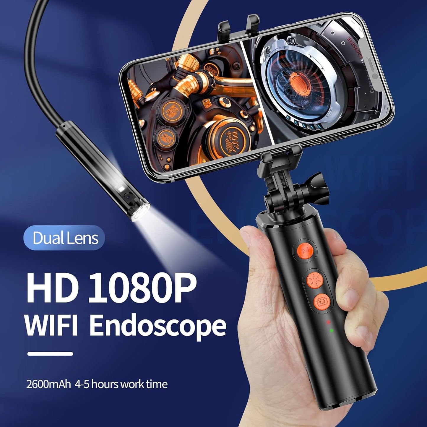Video endoscop Wifi, camera de inspectie dubla frontal si lateral, 1080P HD, cu lumini LED, impermeabila IP68, furtun flexibil de 10m, pentru smartphone Android, iPhonef