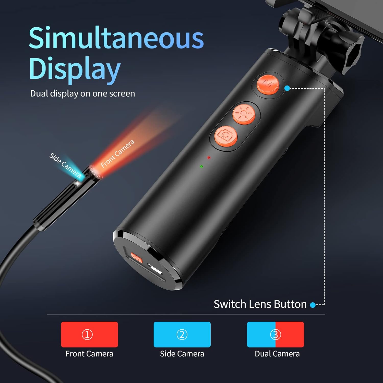 Video endoscop Wifi, camera de inspectie dubla frontal si lateral, 1080P HD, cu lumini LED, impermeabila IP68, furtun flexibil de 10m, pentru smartphone Android, iPhonef