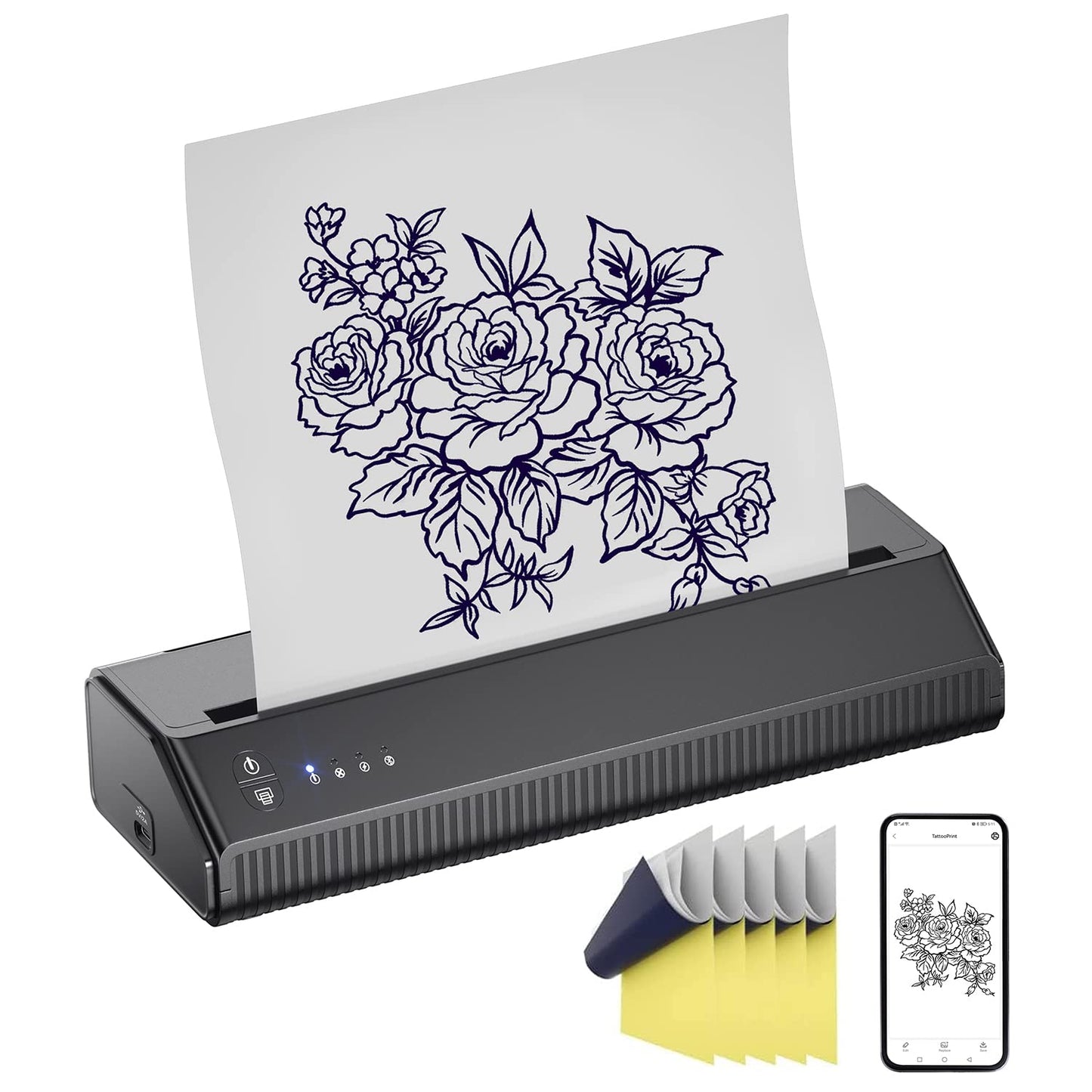 Imprimanta termica wireless pentru tatuaje, cu 10 hartii de transfer, cu acumulator 2500 mAh, cu aplicatie iOS si Android, latime de printare de 210 mm, Tatelf