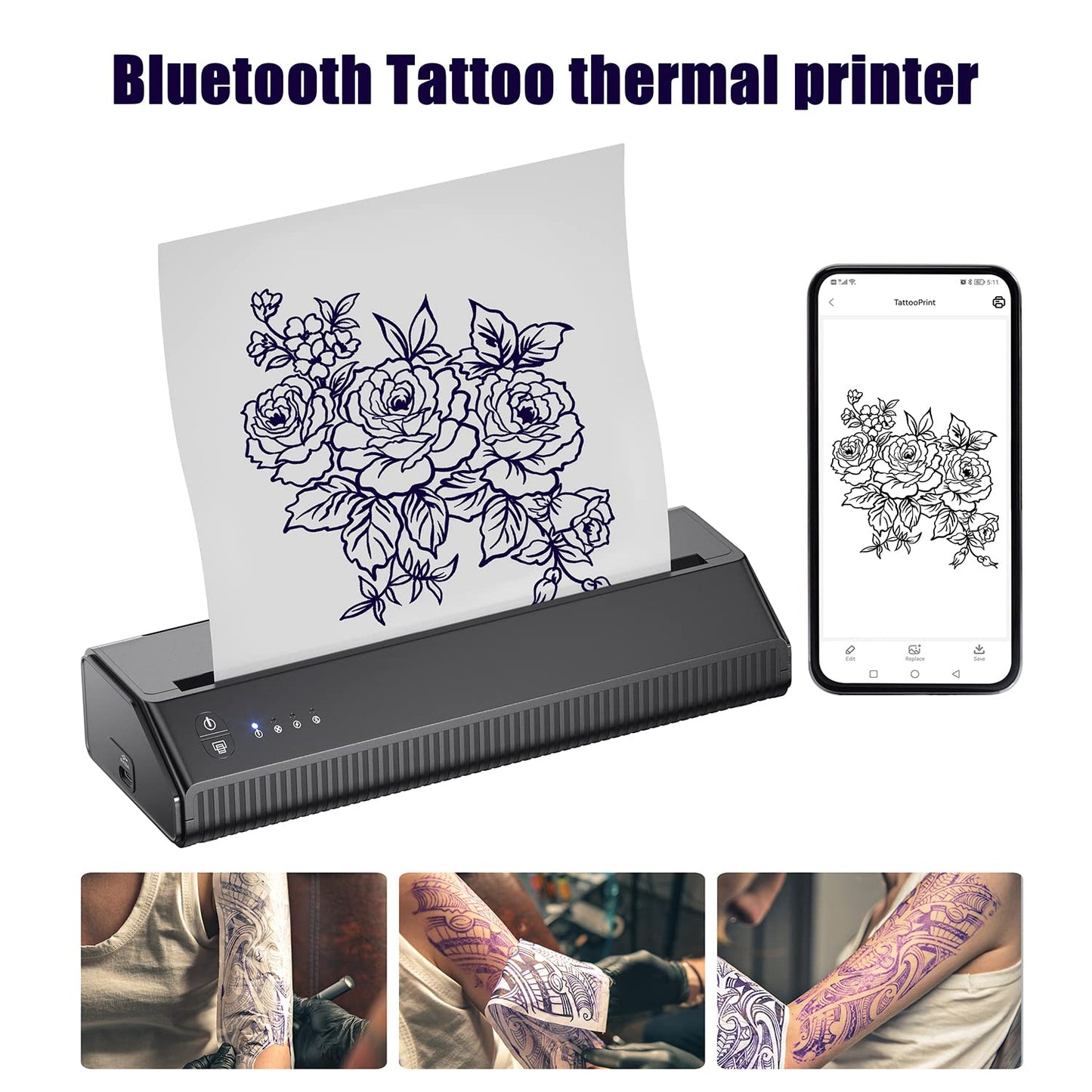 Imprimanta termica wireless pentru tatuaje, cu 10 hartii de transfer, cu acumulator 2500 mAh, cu aplicatie iOS si Android, latime de printare de 210 mm, Tatelf