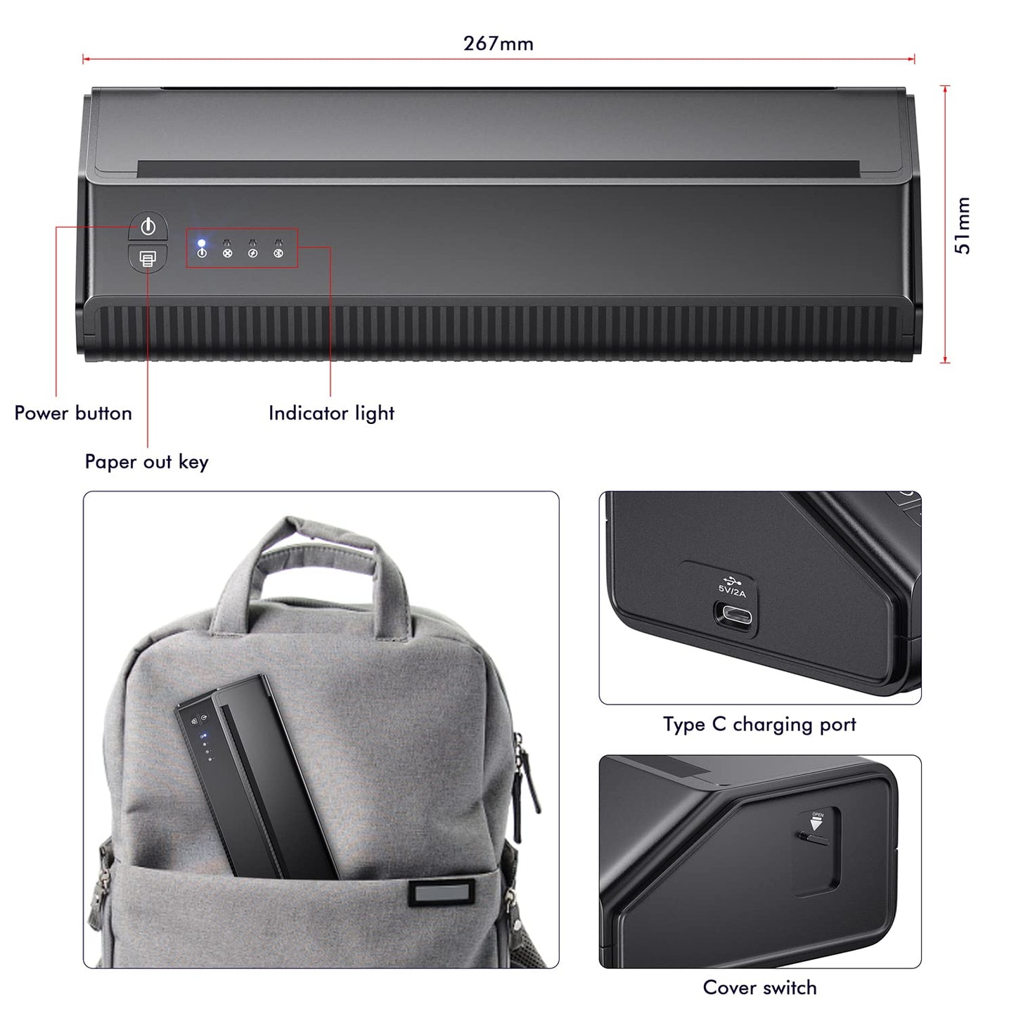 Imprimanta termica wireless pentru tatuaje, cu 10 hartii de transfer, cu acumulator 2500 mAh, cu aplicatie iOS si Android, latime de printare de 210 mm, Tatelf
