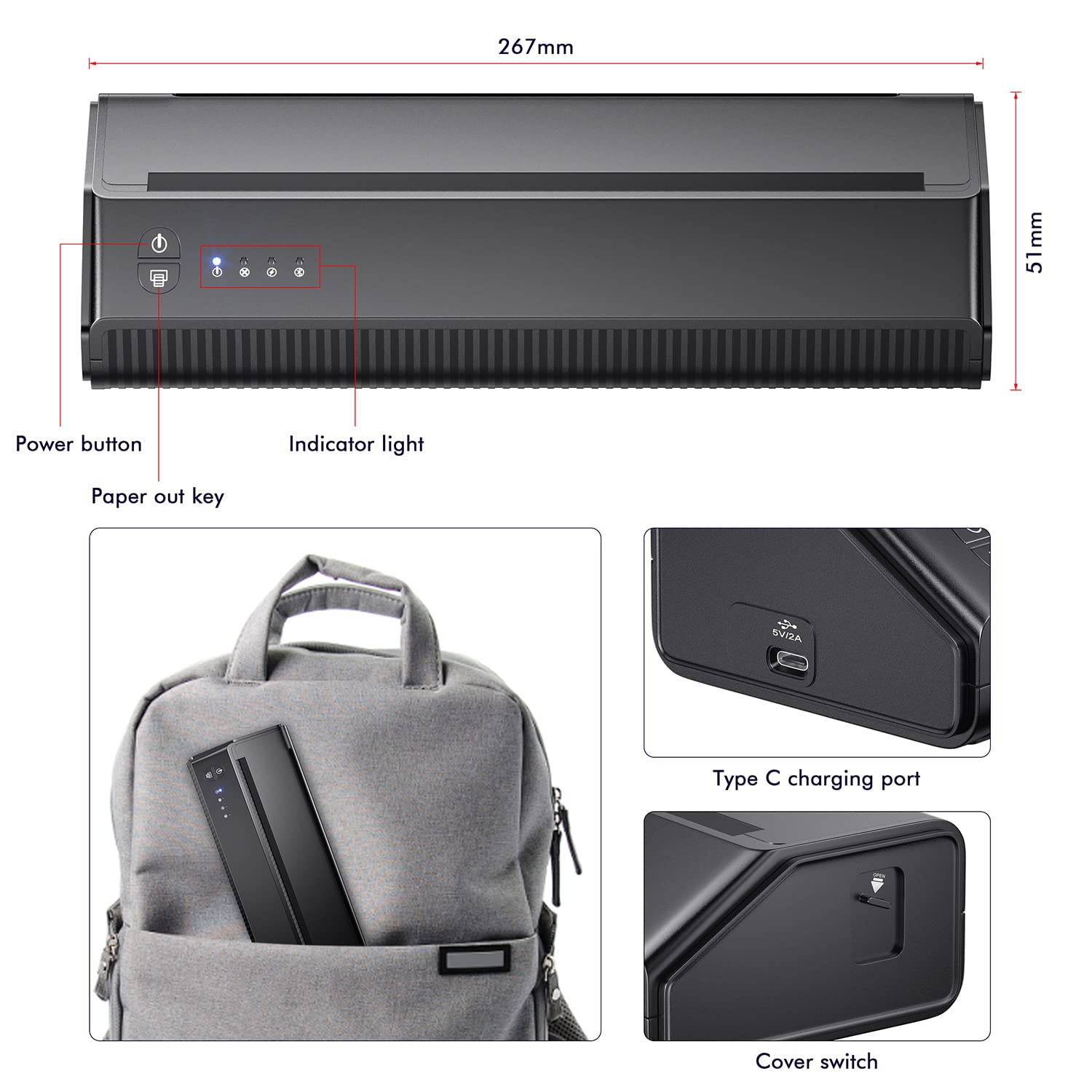 Imprimanta termica wireless pentru tatuaje, cu 10 hartii de transfer, cu acumulator 2500 mAh, cu aplicatie iOS si Android, latime de printare de 210 mm, Tatelf
