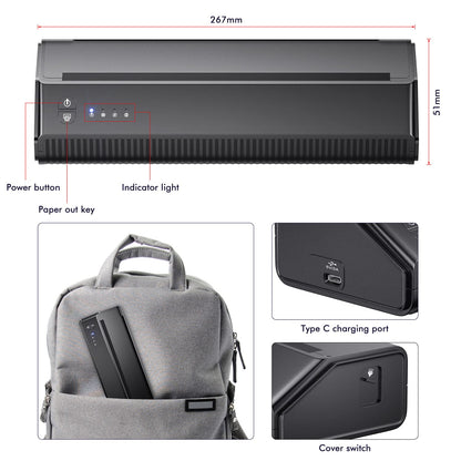 Imprimanta termica wireless pentru tatuaje, cu 10 hartii de transfer, cu acumulator 2500 mAh, cu aplicatie iOS si Android, latime de printare de 210 mm, Tatelf