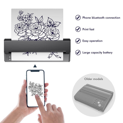 Imprimanta termica wireless pentru tatuaje, cu 10 hartii de transfer, cu acumulator 2500 mAh, cu aplicatie iOS si Android, latime de printare de 210 mm, Tatelf