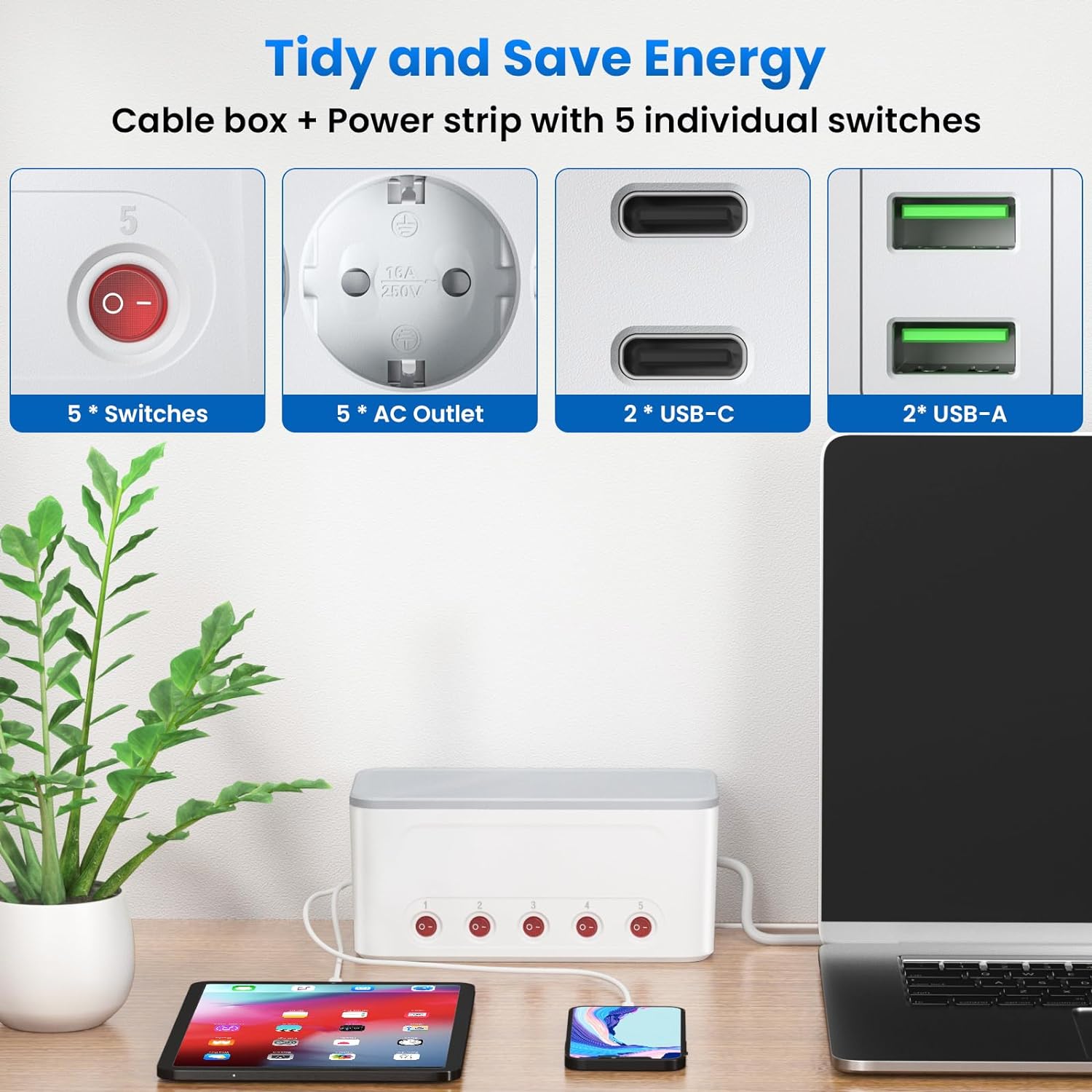 Organizator de cabluri tip cutie cu prelungitor cu 5 prize si intrerupatoare individuale AC 250V, 16A, 4000 W, 4 sloturi USB, Baby Safe, cu fante de agatare in perete, 29 x 14 x 14 cm