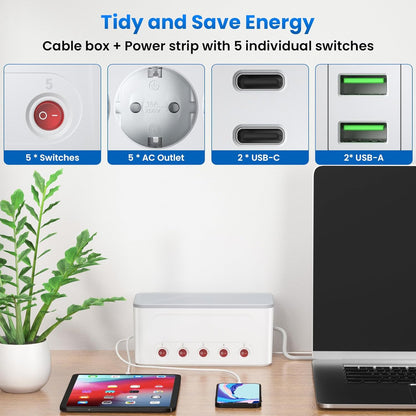 Organizator de cabluri tip cutie cu prelungitor cu 5 prize si intrerupatoare individuale AC 250V, 16A, 4000 W, 4 sloturi USB, Baby Safe, cu fante de agatare in perete, 29 x 14 x 14 cm