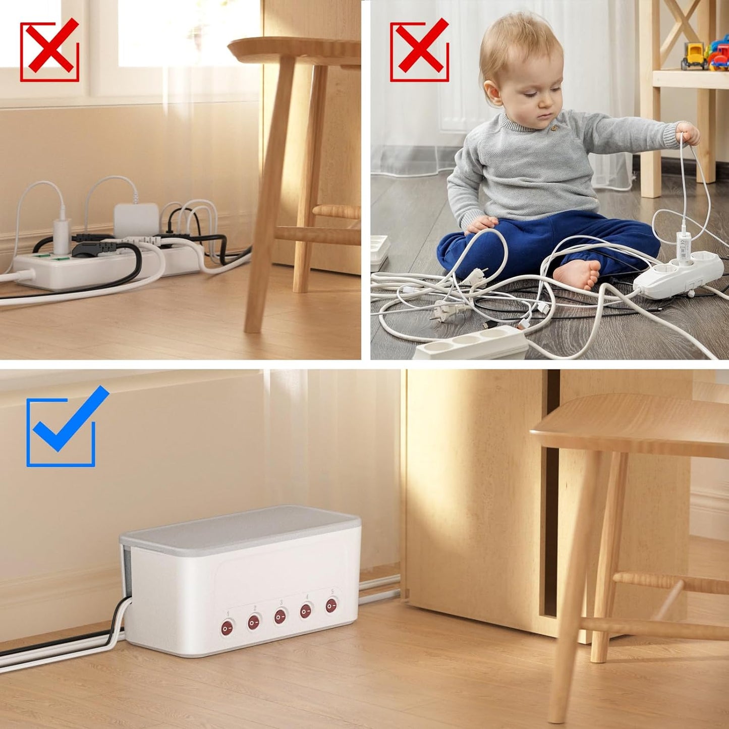 Organizator de cabluri tip cutie cu prelungitor cu 5 prize si intrerupatoare individuale AC 250V, 16A, 4000 W, 4 sloturi USB, Baby Safe, cu fante de agatare in perete, 29 x 14 x 14 cm