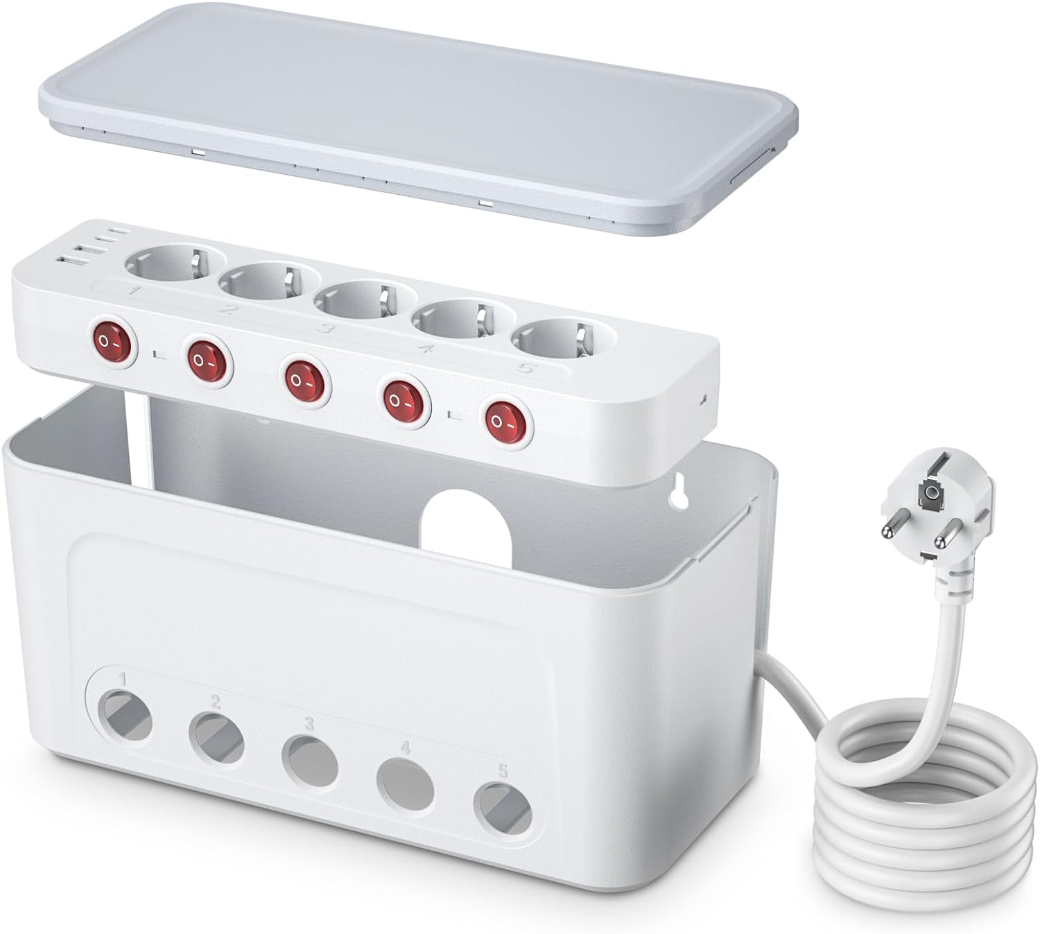 Organizator de cabluri tip cutie cu prelungitor cu 5 prize si intrerupatoare individuale AC 250V, 16A, 4000 W, 4 sloturi USB, Baby Safe, cu fante de agatare in perete, 29 x 14 x 14 cm