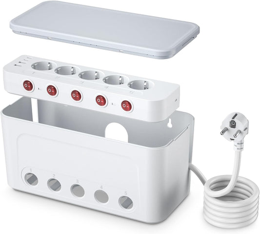 Organizator de cabluri tip cutie cu prelungitor cu 5 prize si intrerupatoare individuale AC 250V, 16A, 4000 W, 4 sloturi USB, Baby Safe, cu fante de agatare in perete, 29 x 14 x 14 cm