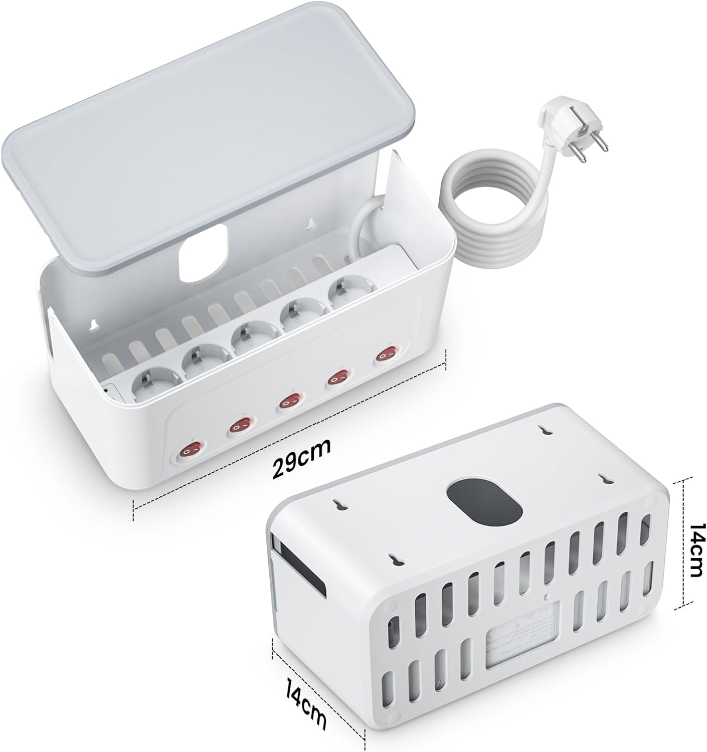 Organizator de cabluri tip cutie cu prelungitor cu 5 prize si intrerupatoare individuale AC 250V, 16A, 4000 W, 4 sloturi USB, Baby Safe, cu fante de agatare in perete, 29 x 14 x 14 cm