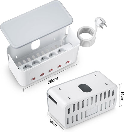 Organizator de cabluri tip cutie cu prelungitor cu 5 prize si intrerupatoare individuale AC 250V, 16A, 4000 W, 4 sloturi USB, Baby Safe, cu fante de agatare in perete, 29 x 14 x 14 cm