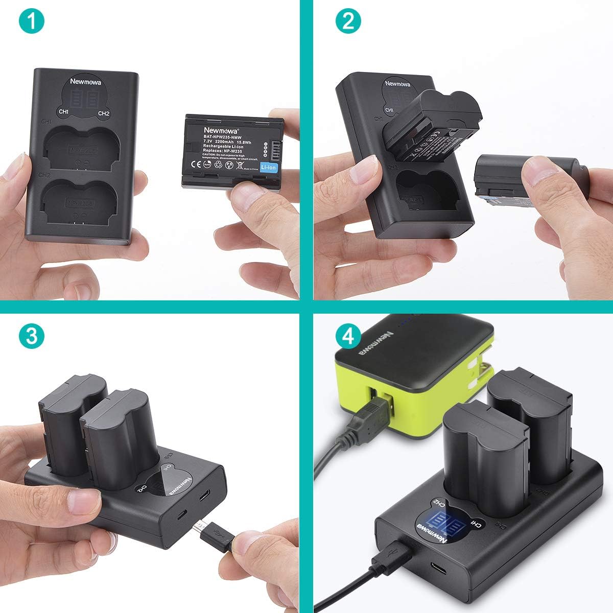 Set de 2 acumulatori NP-W235 7.2 V, 2200 mAh, 15.8 Wh si incarcator cu 2 porturi si display LCD, pentru Fujifilm X-T4