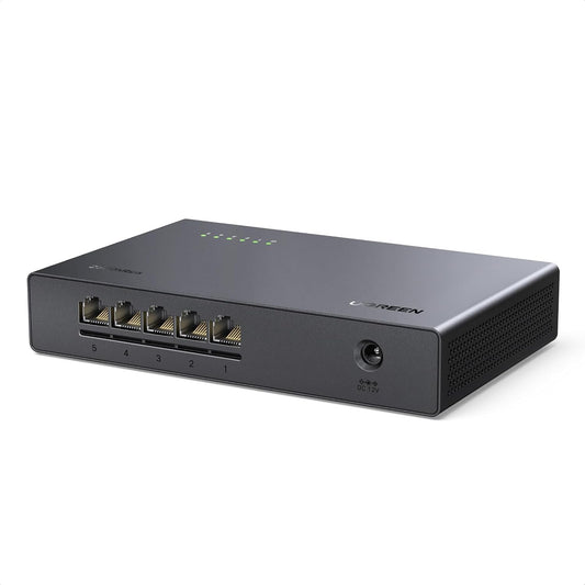Switch LAN UGREEN 2.5G, 5 porturi 2.5G, neadministrat, pentru PC, NAS, server, WiFi 6, transfer rapid, fara ventilator, silentios, montare pe desktop sau perete