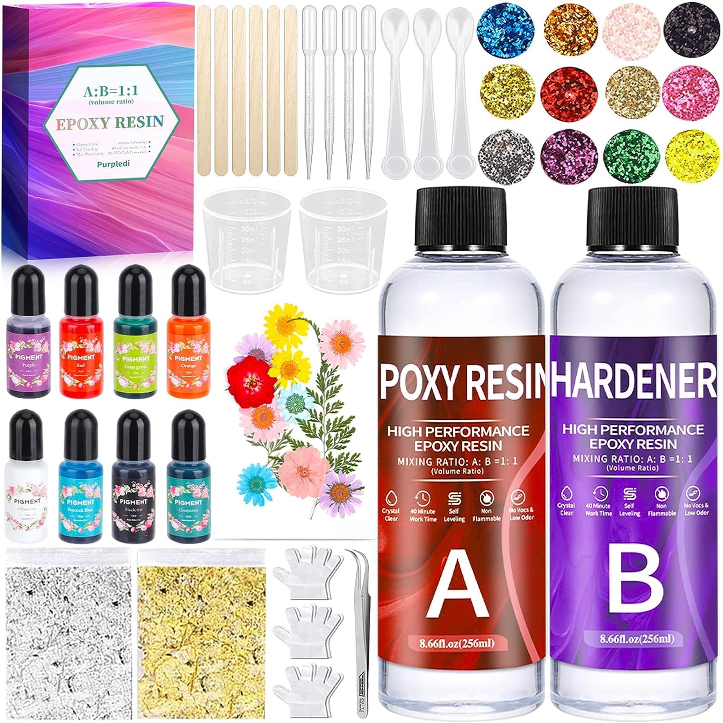 Set rasina epoxidica si intaritor 250 ml, cu pigmenti, sclipici, flori uscate, foite argintii si aurite, cupe de masura, pentru profesionisti si bricolaj