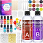 Set rasina epoxidica si intaritor 250 ml, cu pigmenti, sclipici, flori uscate, foite argintii si aurite, cupe de masura, pentru profesionisti si bricolaj