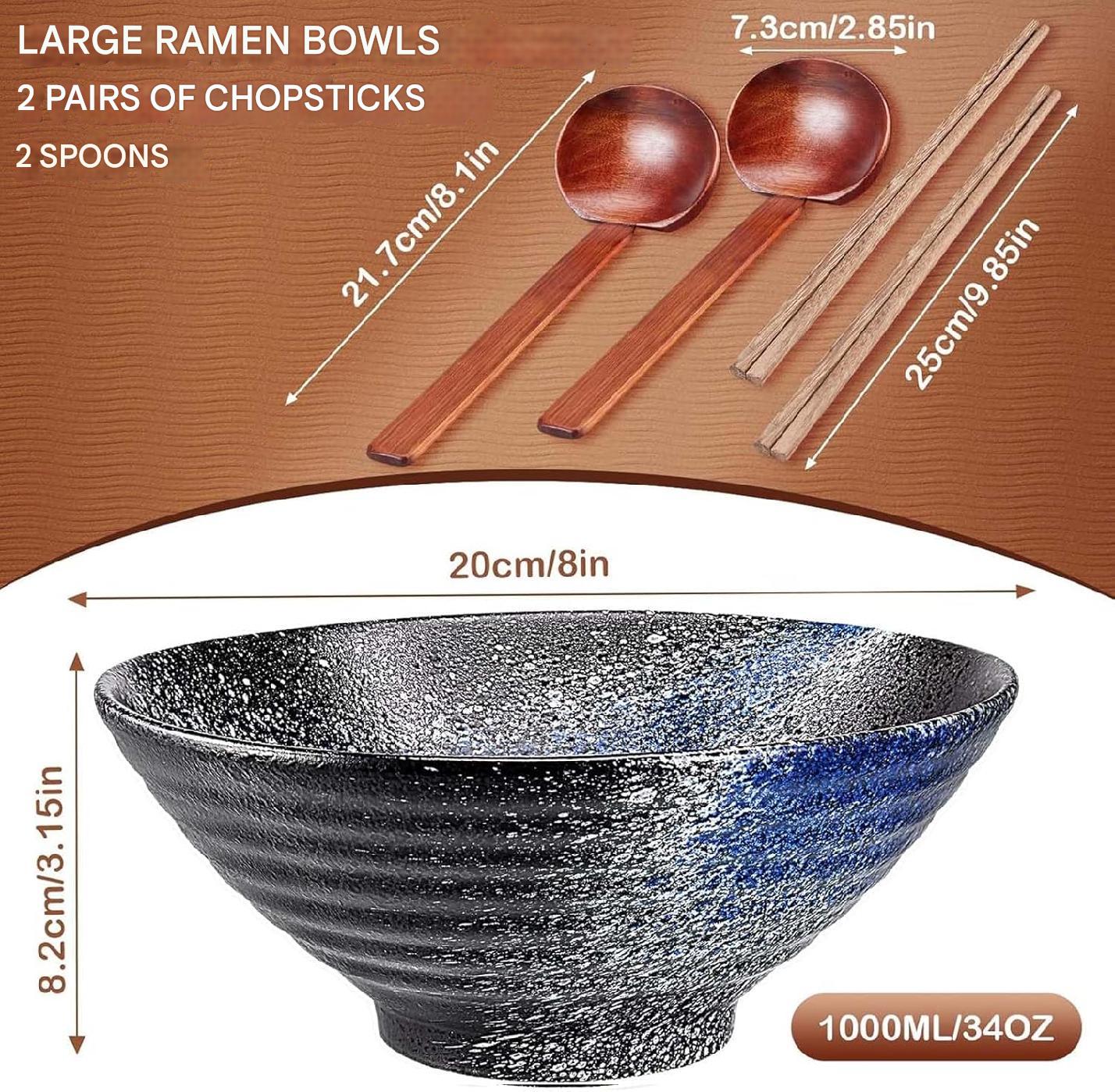 Set 2 boluri japoneze pentru ramen, 1000 ml, din ceramica, cu betisoare, linguri si retete, compatibile masina de spalat vase si microunde, multifunctionale
