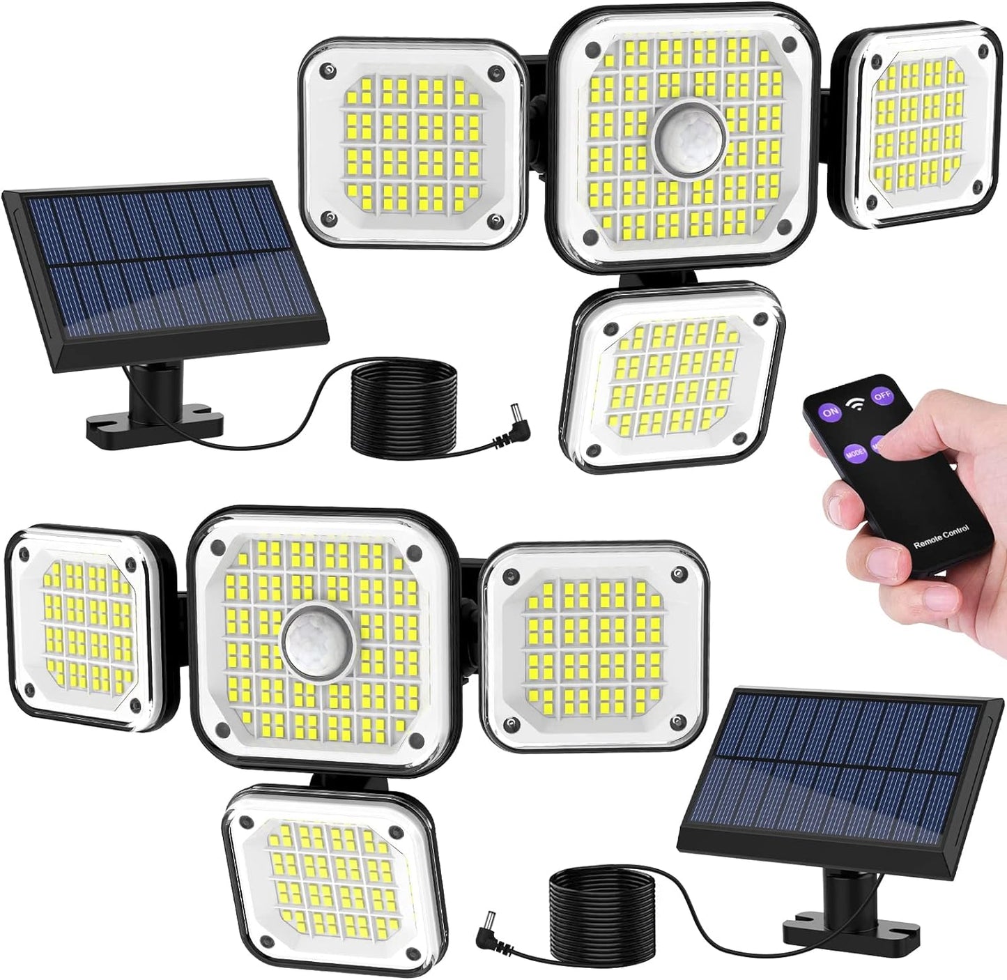 Set de 2 lampa solara LED cu panou solar telecomanda si senzor de miscare, unghi larg de 270°, 2000LM 6500K, 3 moduri iluminare, impermeabile IP65, cu fir de 5 m