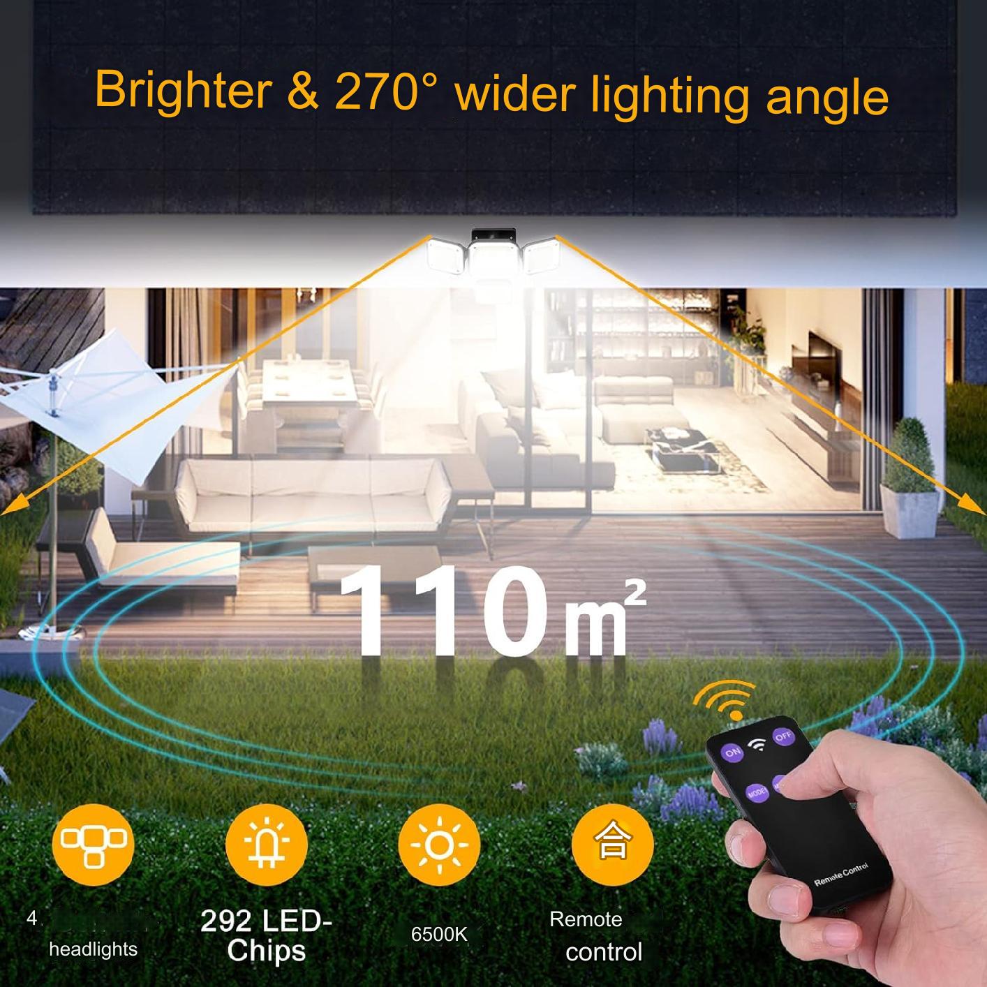 Set de 2 lampa solara LED cu panou solar telecomanda si senzor de miscare, unghi larg de 270°, 2000LM 6500K, 3 moduri iluminare, impermeabile IP65, cu fir de 5 m