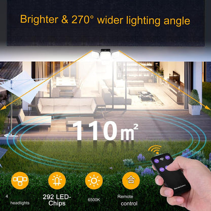 Set de 2 lampa solara LED cu panou solar telecomanda si senzor de miscare, unghi larg de 270°, 2000LM 6500K, 3 moduri iluminare, impermeabile IP65, cu fir de 5 m