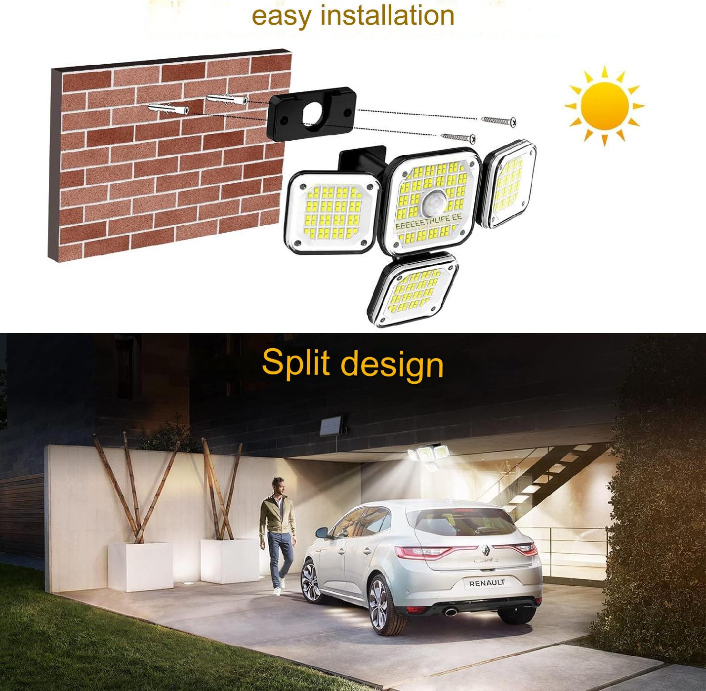 Set de 2 lampa solara LED cu panou solar telecomanda si senzor de miscare, unghi larg de 270°, 2000LM 6500K, 3 moduri iluminare, impermeabile IP65, cu fir de 5 m