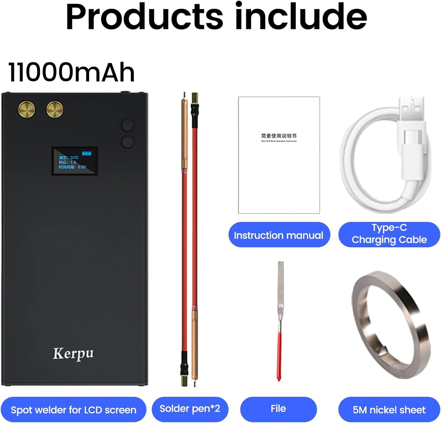 Aparat de sudura in puncte portabil, cu ecran LCD, acumulator 11000 mAh, 70 viteze reglabile, banda de nichel de 5 m, incarcare USB-C, protectie la supraincalzire, Kerpu