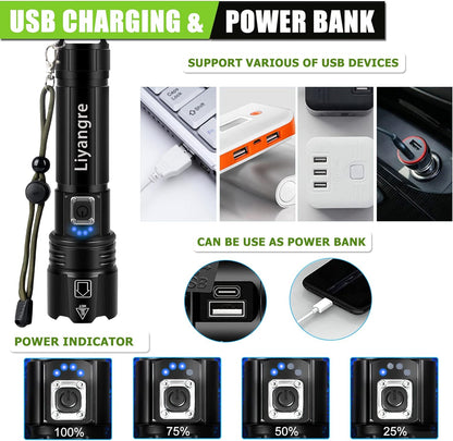 Lanterna Tactica LED cu 2 acumulatori, de 5000 mAh si 1800 mAh, IPX4, 5 moduri iluminare, functie Powerbank, focus ajustabil, incarcare USB-C, din Aluminiu