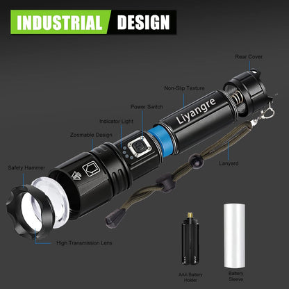 Lanterna Tactica LED cu 2 acumulatori, de 5000 mAh si 1800 mAh, IPX4, 5 moduri iluminare, functie Powerbank, focus ajustabil, incarcare USB-C, din Aluminiu