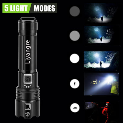 Lanterna Tactica LED cu 2 acumulatori, de 5000 mAh si 1800 mAh, IPX4, 5 moduri iluminare, functie Powerbank, focus ajustabil, incarcare USB-C, din Aluminiu