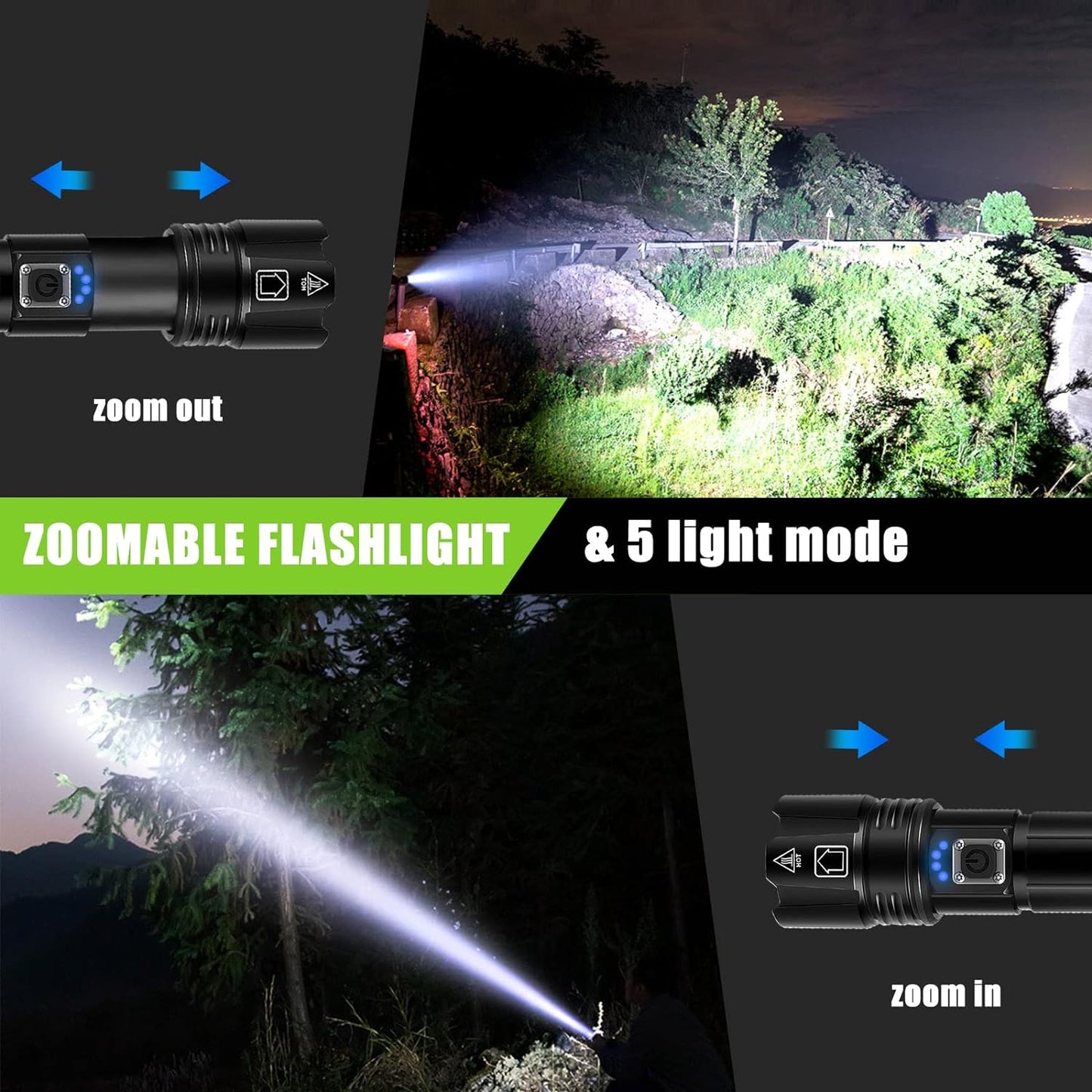 Lanterna Tactica LED cu 2 acumulatori, de 5000 mAh si 1800 mAh, IPX4, 5 moduri iluminare, functie Powerbank, focus ajustabil, incarcare USB-C, din Aluminiu