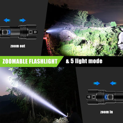Lanterna Tactica LED cu 2 acumulatori, de 5000 mAh si 1800 mAh, IPX4, 5 moduri iluminare, functie Powerbank, focus ajustabil, incarcare USB-C, din Aluminiu
