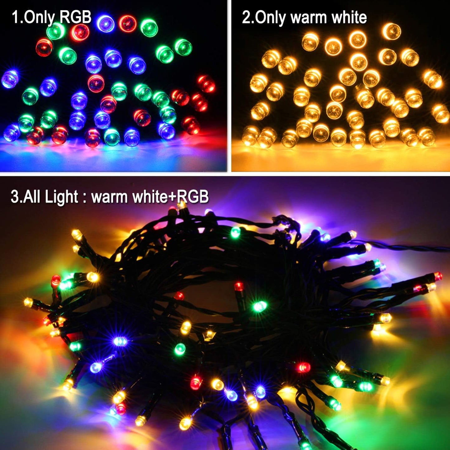Instalatie de Craciun LED RGB si Alb Cald, cu Baterii, de 15 m, Liniara, cu Telecomanda, Impermeabile, Ajustare Luminozitate, Temporizator, pentru camera, petrecere, interior, exterior, decorare