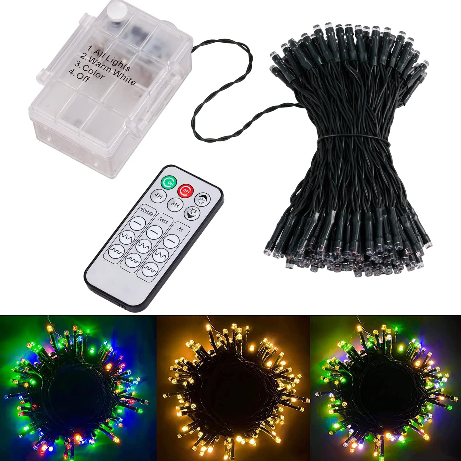 Instalatie de Craciun LED RGB si Alb Cald, cu Baterii, de 15 m, Liniara, cu Telecomanda, Impermeabile, Ajustare Luminozitate, Temporizator, pentru camera, petrecere, interior, exterior, decorare