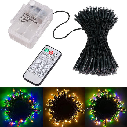 Instalatie de Craciun LED RGB si Alb Cald, cu Baterii, de 15 m, Liniara, cu Telecomanda, Impermeabile, Ajustare Luminozitate, Temporizator, pentru camera, petrecere, interior, exterior, decorare