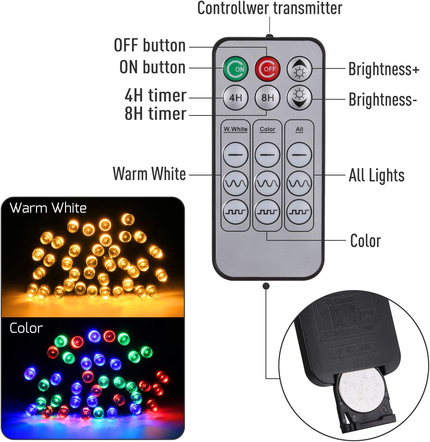 Instalatie de Craciun LED RGB si Alb Cald, cu Baterii, de 15 m, Liniara, cu Telecomanda, Impermeabile, Ajustare Luminozitate, Temporizator, pentru camera, petrecere, interior, exterior, decorare