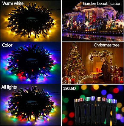 Instalatie de Craciun LED RGB si Alb Cald, cu Baterii, de 15 m, Liniara, cu Telecomanda, Impermeabile, Ajustare Luminozitate, Temporizator, pentru camera, petrecere, interior, exterior, decorare
