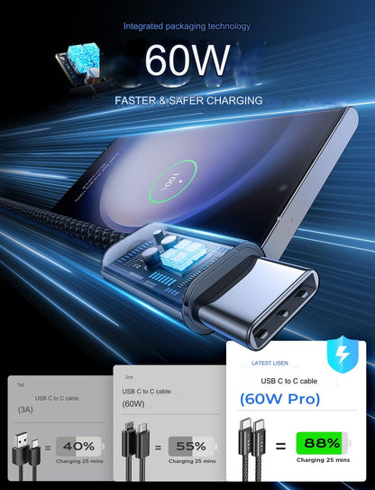 Set 4 cabluri de date si incarcare USB C la USB C, 60 W, Qwick Charge 3.0, 4 lungimi diferite, 1x 0,5m, 2x 1m, 1x 2m, compatibil cu iPhone 15 Pro Max Plus, Samsung Galaxy S23, iPad Air/Pro/Mini, Tab, Mi, Xiaomi, Huawei, OnePlus, negru