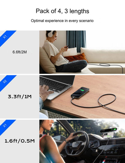 Set 4 cabluri de date si incarcare USB C la USB C, 60 W, Qwick Charge 3.0, 4 lungimi diferite, 1x 0,5m, 2x 1m, 1x 2m, compatibil cu iPhone 15 Pro Max Plus, Samsung Galaxy S23, iPad Air/Pro/Mini, Tab, Mi, Xiaomi, Huawei, OnePlus, negru