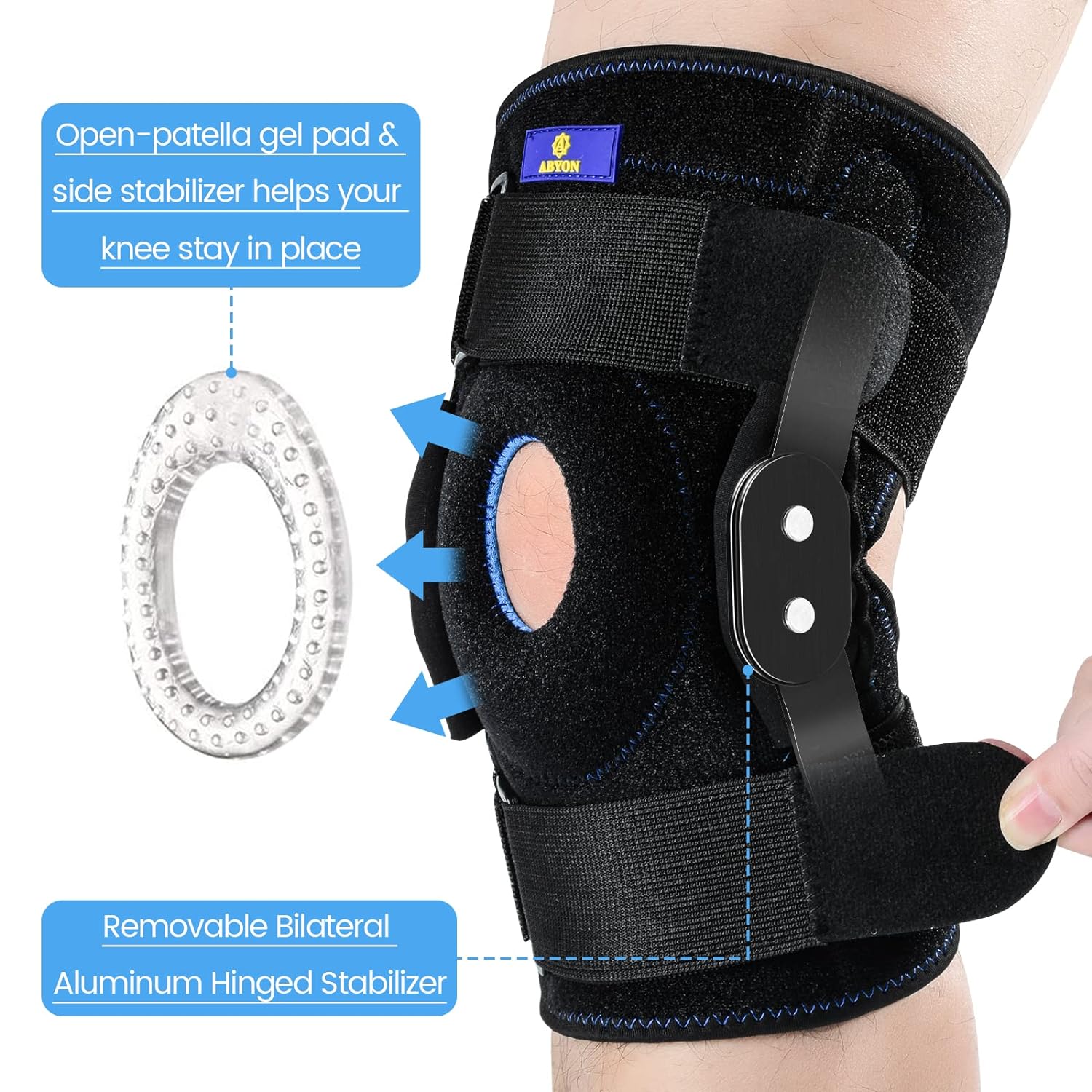 Orteza pentru genunchi ABYON cu atele laterale, suport patelar si ligamente, utilizare postoperator, luxatii, entorse, instabilitate laterala, activitati sportive