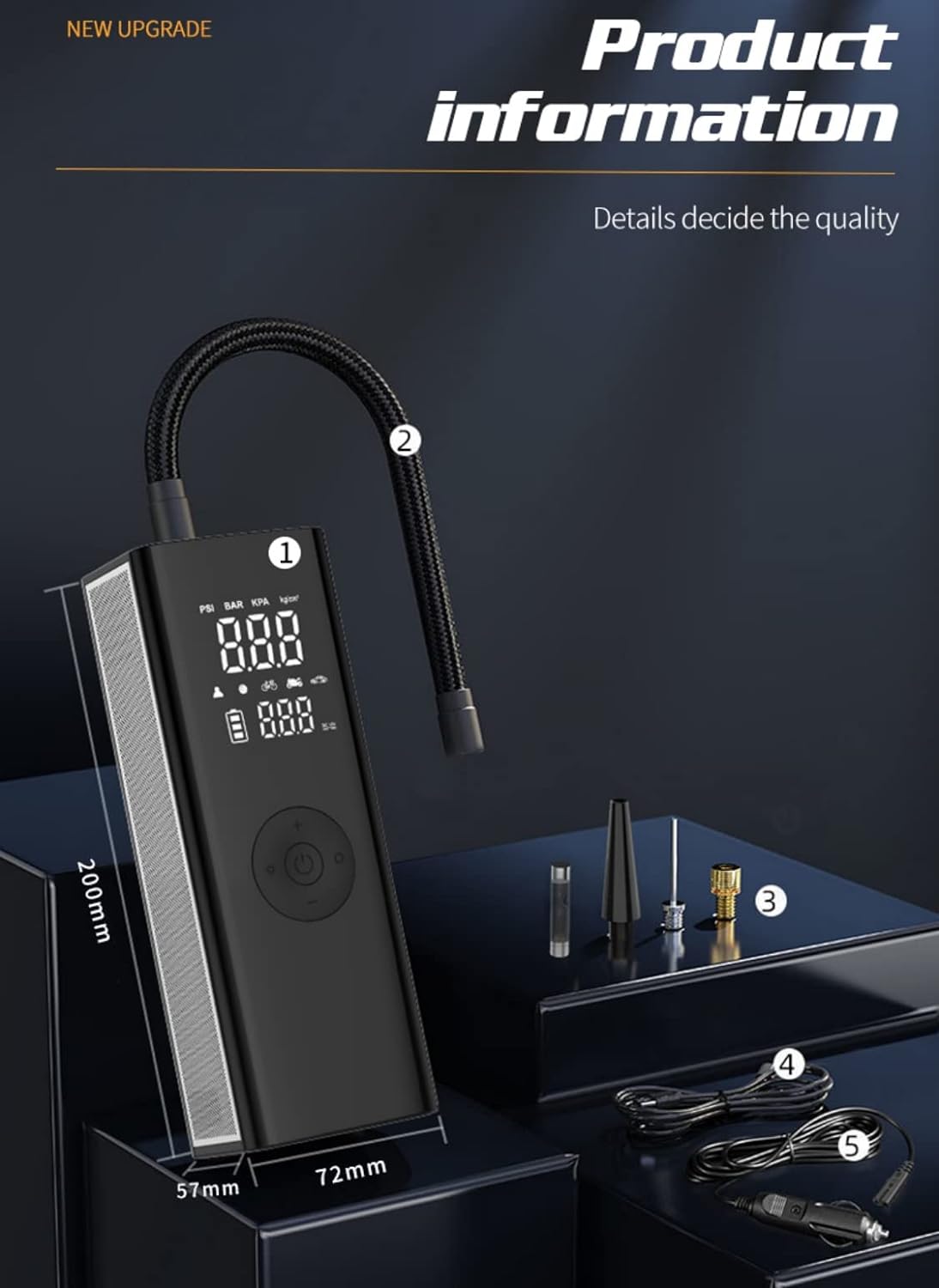 Pompa electrica, 10 bari, portabila, baterie 7800 mAh,afisaj digital LCD, Lanterna LED manometru si presetare presiune cu oprire automata, pentru masina, motocicleta, bicicleta, minge