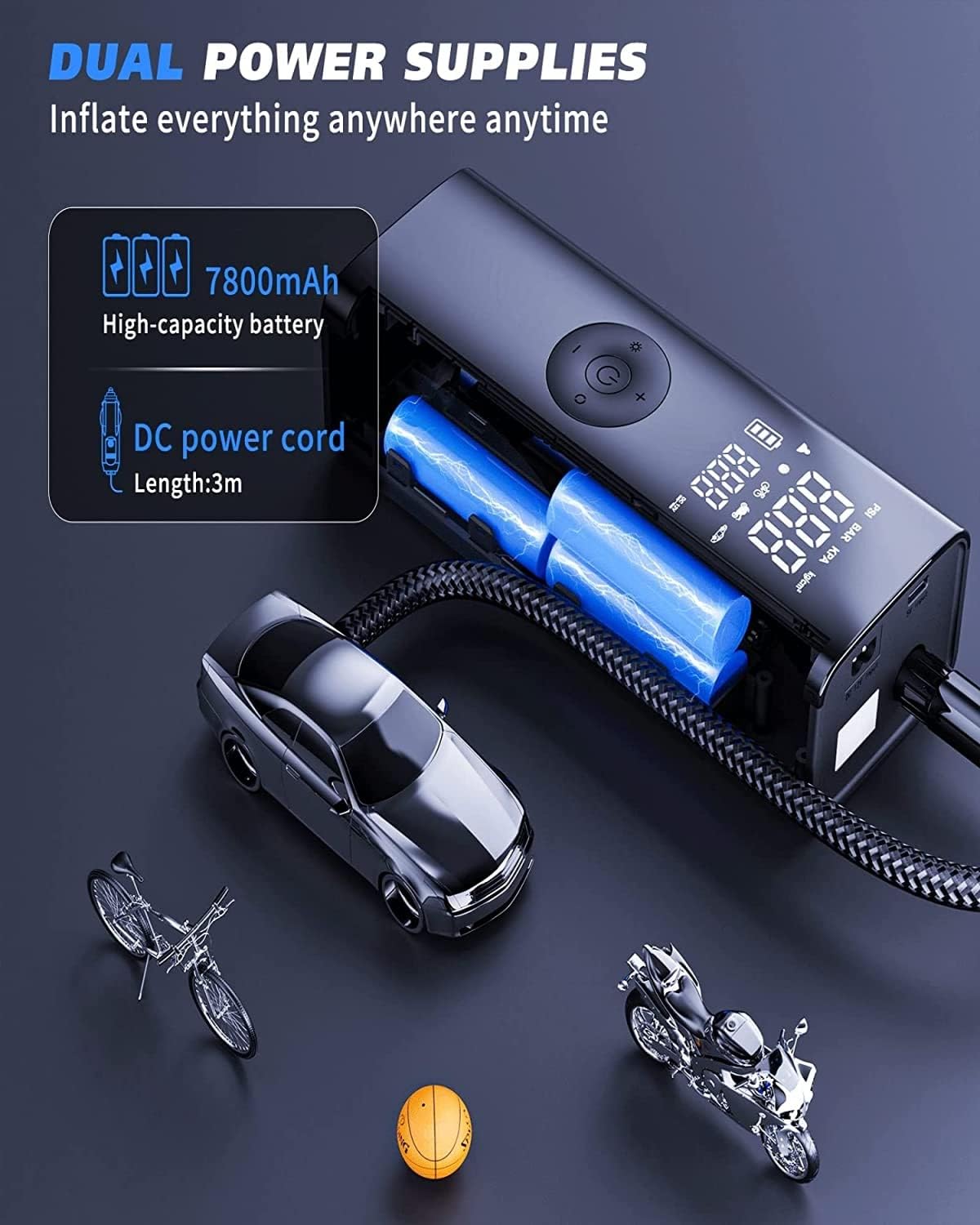 Pompa electrica, 10 bari, portabila, baterie 7800 mAh,afisaj digital LCD, Lanterna LED manometru si presetare presiune cu oprire automata, pentru masina, motocicleta, bicicleta, minge