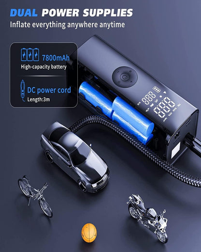 Pompa electrica, 10 bari, portabila, baterie 7800 mAh,afisaj digital LCD, Lanterna LED manometru si presetare presiune cu oprire automata, pentru masina, motocicleta, bicicleta, minge