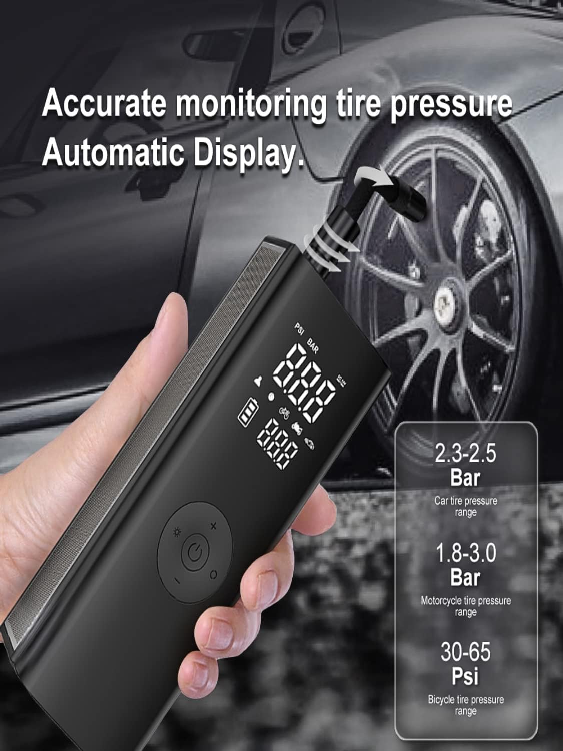 Pompa electrica, 10 bari, portabila, baterie 7800 mAh,afisaj digital LCD, Lanterna LED manometru si presetare presiune cu oprire automata, pentru masina, motocicleta, bicicleta, minge