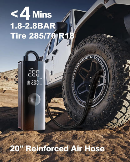 Pompa electrica, 10 bari, portabila, baterie 7800 mAh,afisaj digital LCD, Lanterna LED manometru si presetare presiune cu oprire automata, pentru masina, motocicleta, bicicleta, minge