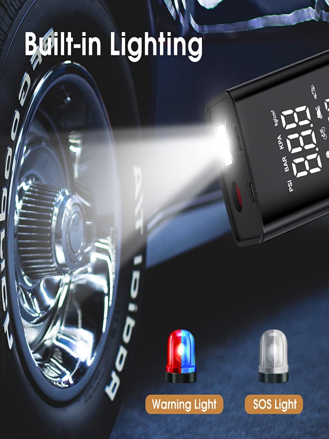Pompa electrica, 10 bari, portabila, baterie 7800 mAh,afisaj digital LCD, Lanterna LED manometru si presetare presiune cu oprire automata, pentru masina, motocicleta, bicicleta, minge