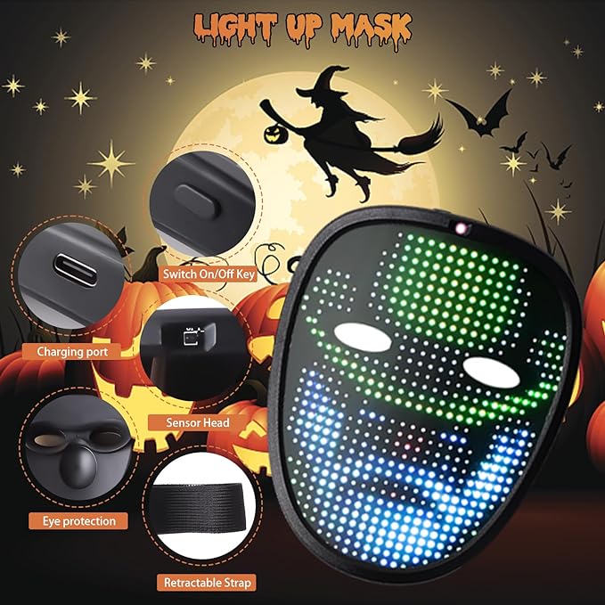 Masca Halloween LED inteligenta cu 50 de imagini, schimbare imagine prin gesturi, cu acumulator, fara fir,pentru copii, negru