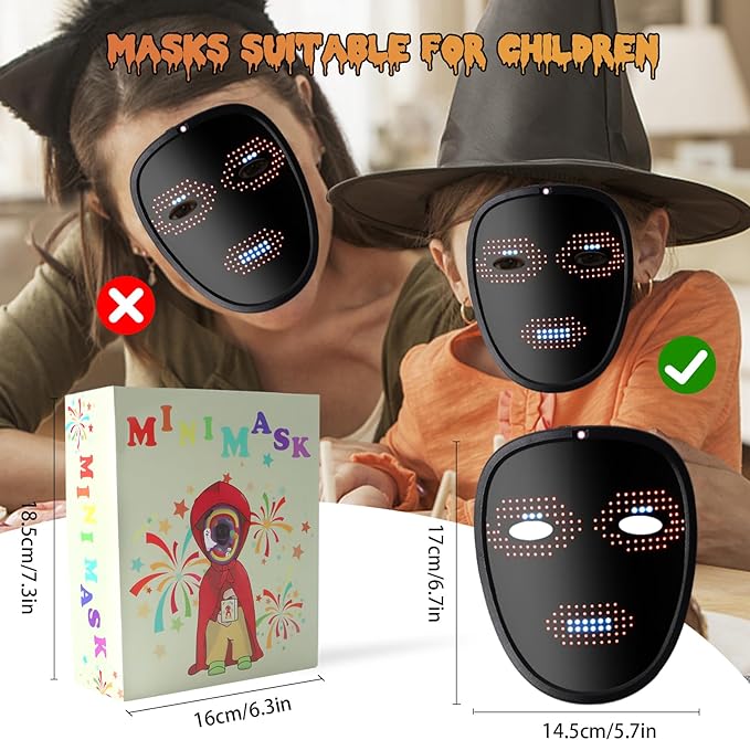 Masca Halloween LED inteligenta cu 50 de imagini, schimbare imagine prin gesturi, cu acumulator, fara fir,pentru copii, negru