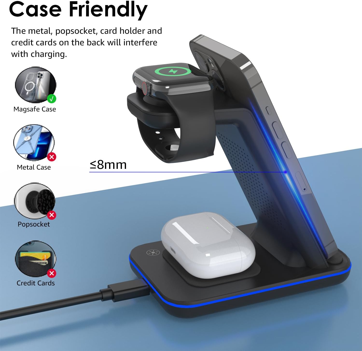 Statie de Incarcare inductiva 3 in 1, cu adaptor de 20 W pentru mai multe dispozitive iWatch Series 8/7/6/SE/5/4/3/2, AirPods3/Pro pentru telefon mobil compatibila cu Samsung, iPhone, Huawei, Xiaomi