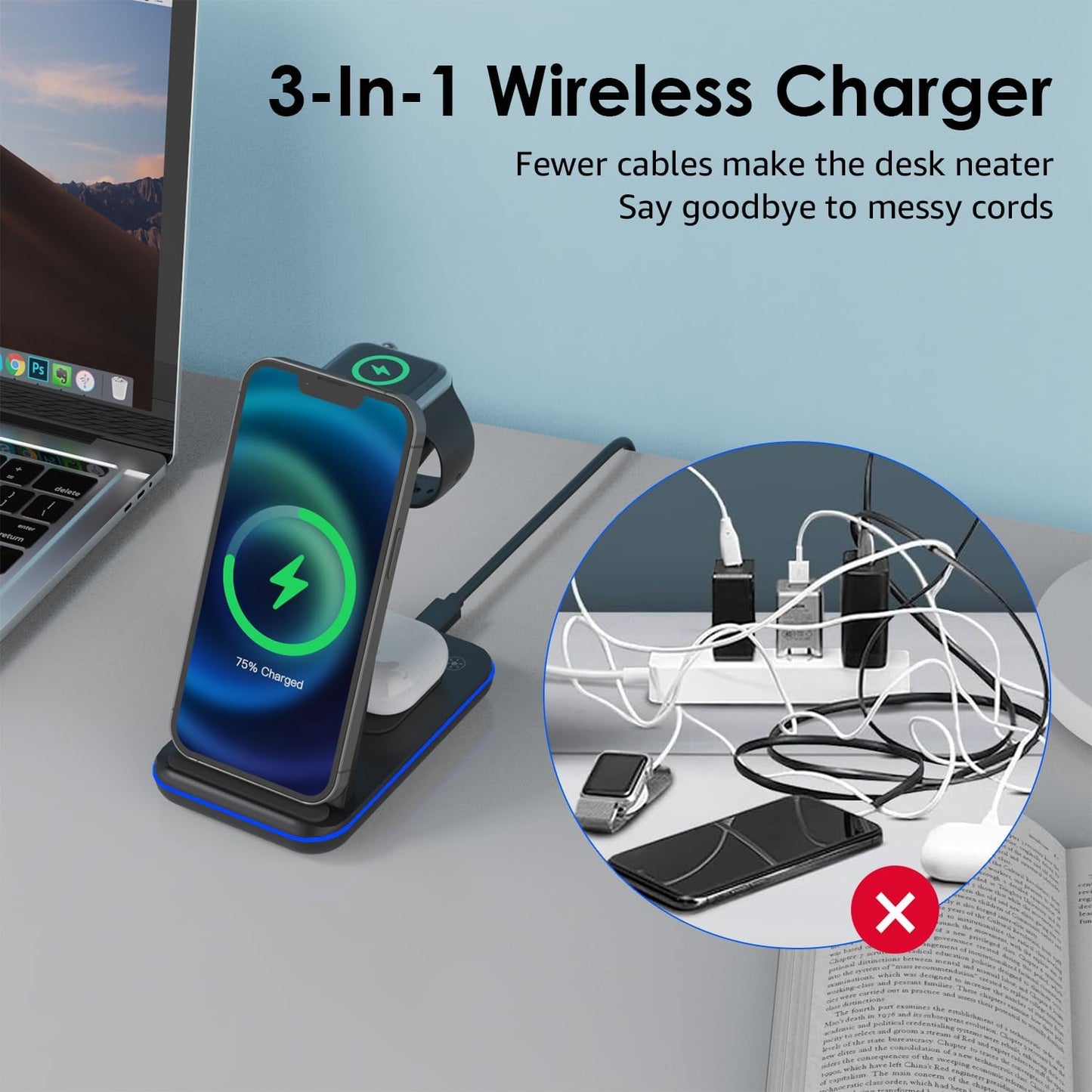 Statie de Incarcare inductiva 3 in 1, cu adaptor de 20 W pentru mai multe dispozitive iWatch Series 8/7/6/SE/5/4/3/2, AirPods3/Pro pentru telefon mobil compatibila cu Samsung, iPhone, Huawei, Xiaomi